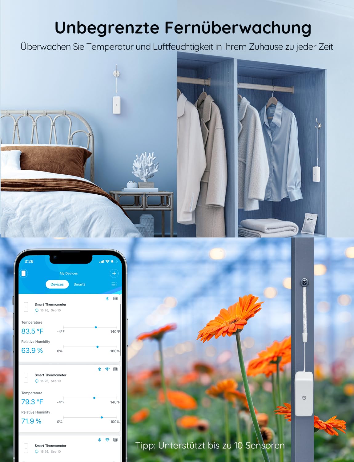 GoveeLife Hygrometer Thermometer Innen Sensoren 3Pack, Mini Bluetooth Temperatur und Luftfeuchtigkeitsmesser mit App Benachrichtigung und Datenspeicherung, geeignet für Gewächshaus, Weinkeller