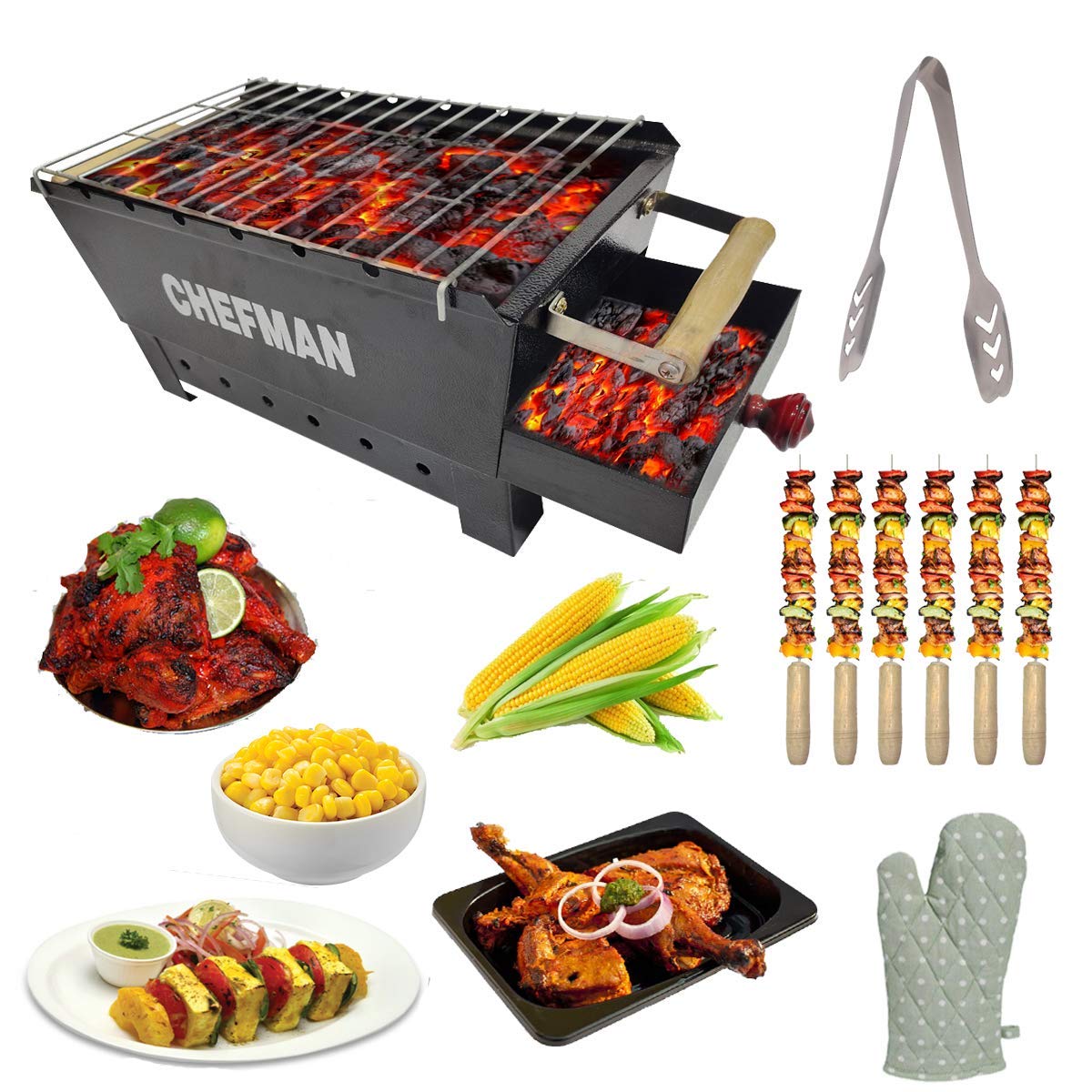 Chefman Charcoal Barbeque | Grill Barbeque | Grill Set for Home | Foldable Charcoal Tandoor | Outdoor BBQ | Grill Chicken Maker | with 6 Skewers with Gloves | Black