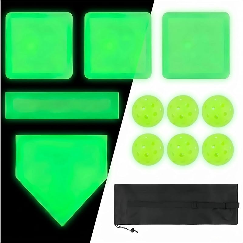 Glow-in-The-Dark Throw-Down Bases Set for Baseball & Softball | Rollable rubber, includes pitching rubber, 6 pickleballs, carrying bag, for backyard, casual outdoor sports