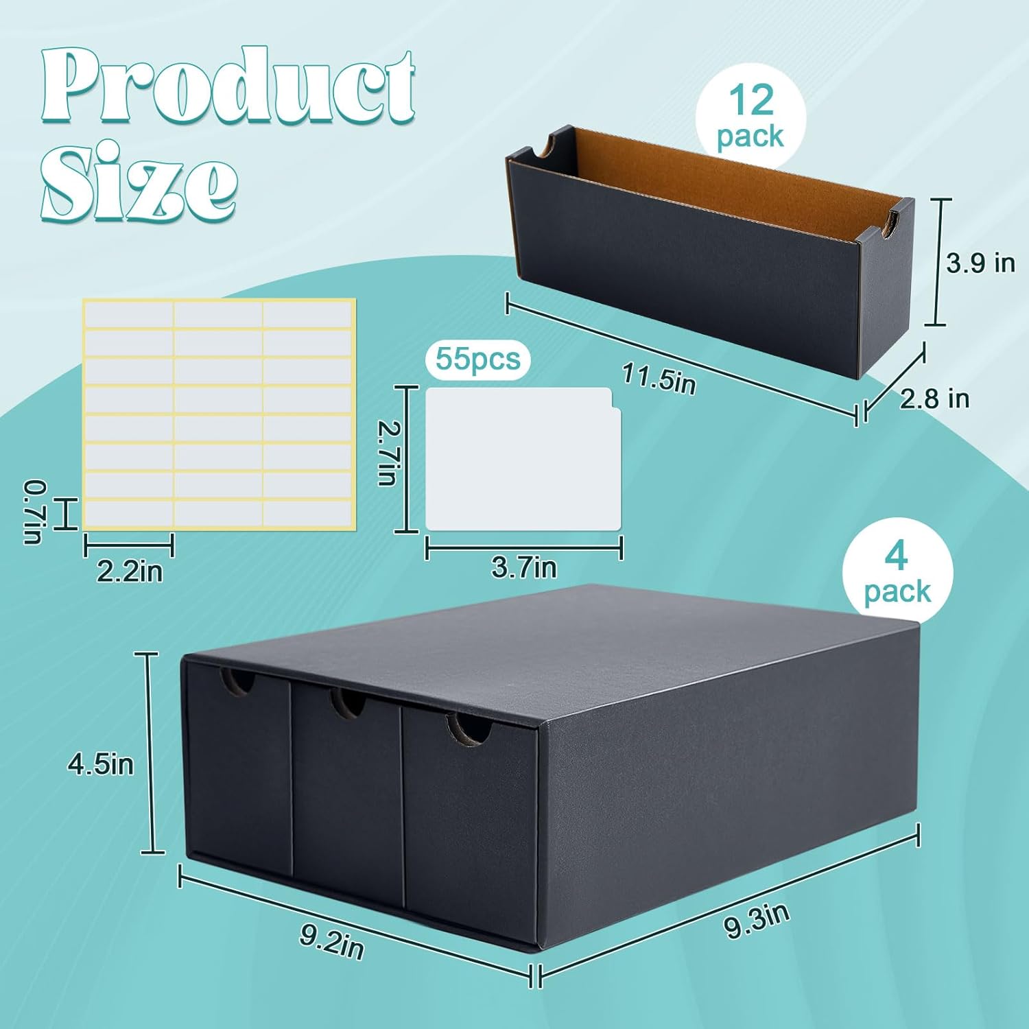 Cholemy Trading Card Storage Box Card Organizer 15000+ with 70 Cardboard Storage Divider, Label Sticker for Collection Compatible with Tcg, Sport Cards(4 Row, 3 in A Row,Black)