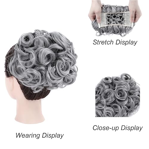 Miniatura 2 de Elaine Peines de moño desordenado, extensión de moño rizado, extensión de moño grueso, clip en cola de caballo para mujeres (gris mixto #MG)