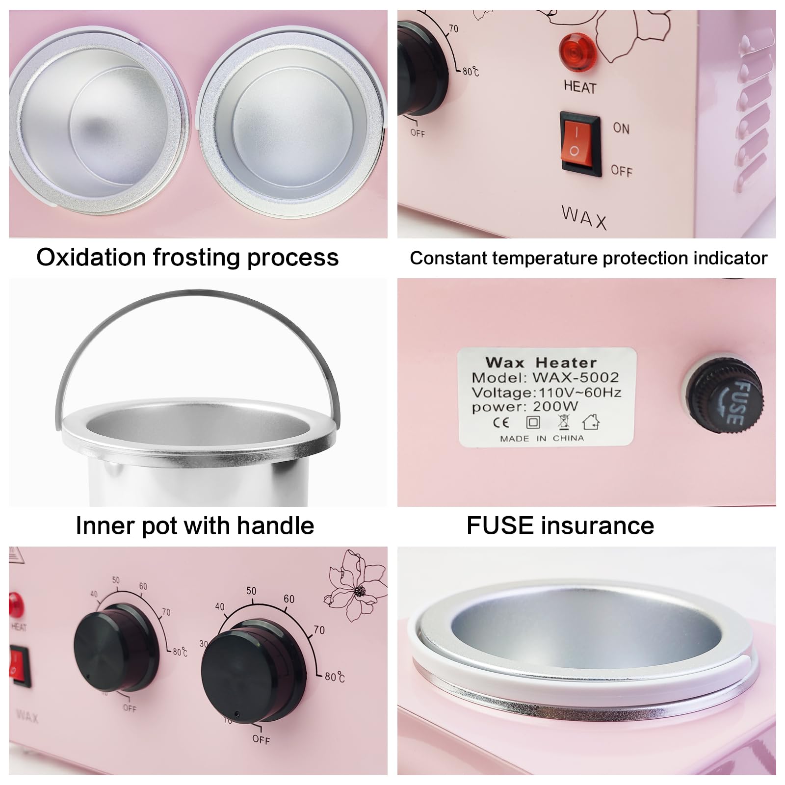 Chauffe-cire portable avec température réglable et 40 bâtons de cire - Épilation indolore pour homme et femme (rose - double pots)