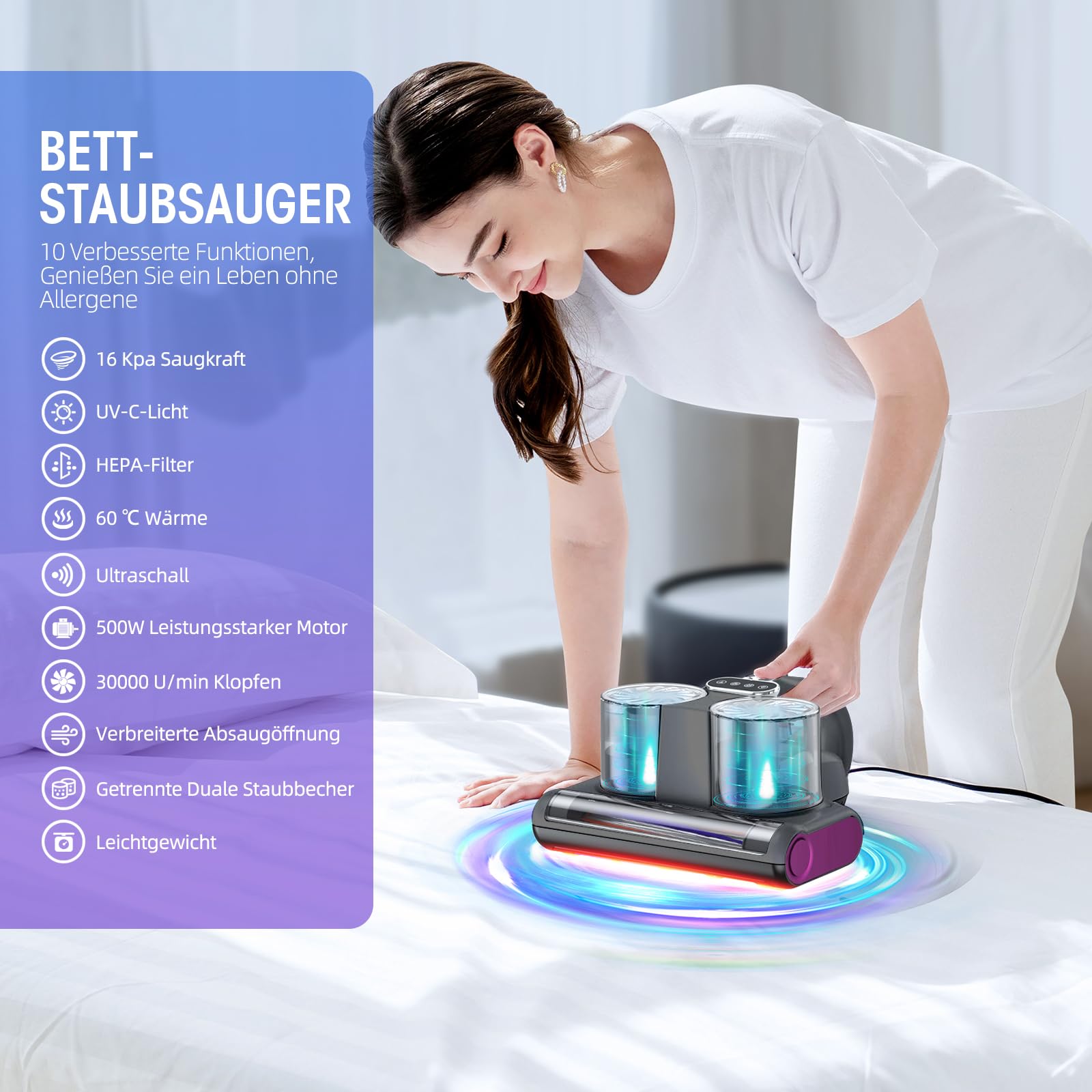 Milbensauger für Matratzen 16Kpa Saugkraft UV-C Licht HEPA Filter Bettstaubsauger