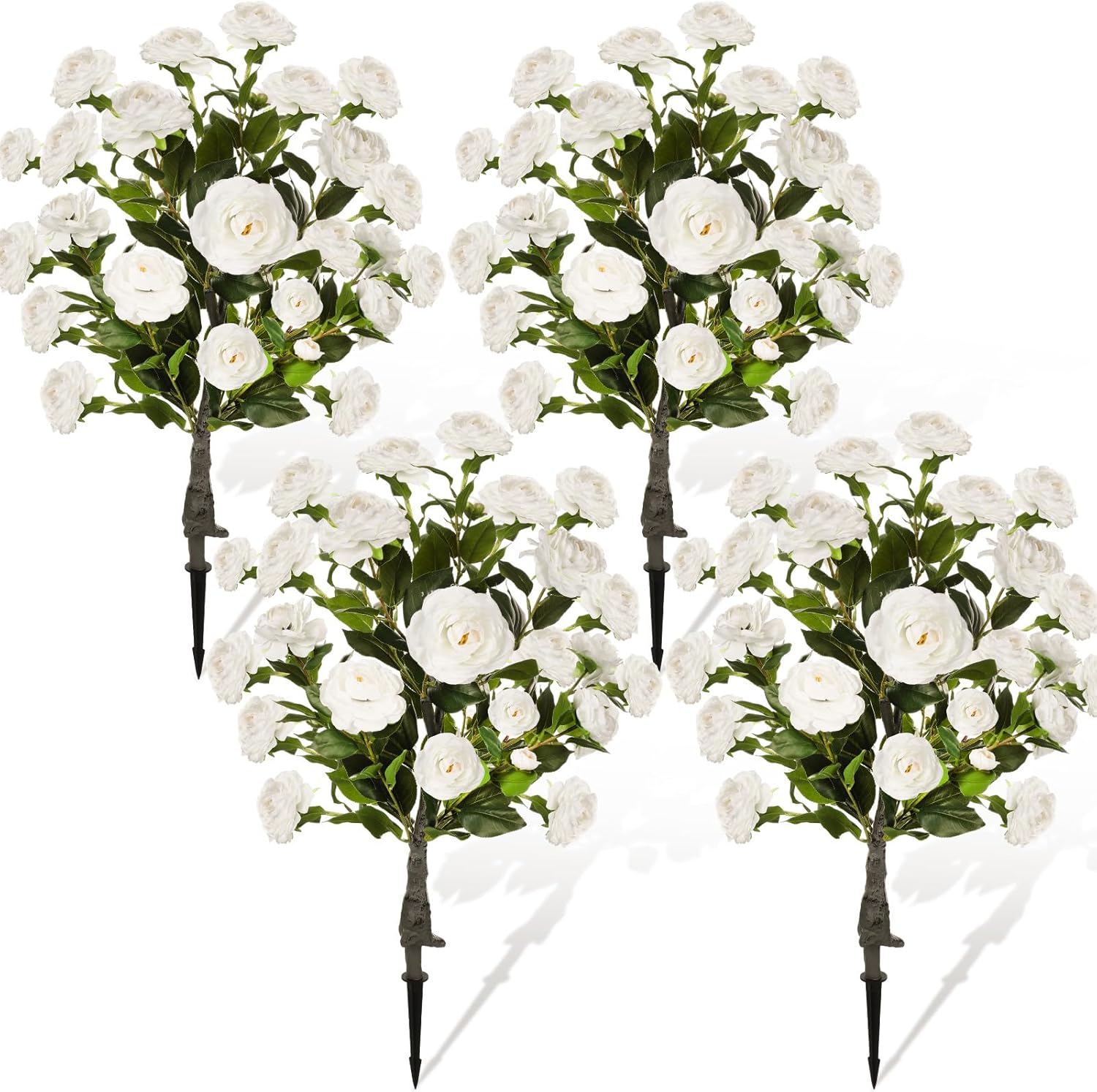 4 Pack 36" Artificial Camellia Flower Tree 3ft Outdoor Fake Flower Plant with Spike UV Resistant Faux Floral Blooming Bush for Front Door Porch Garden Indoor Patio Decor(Pink)