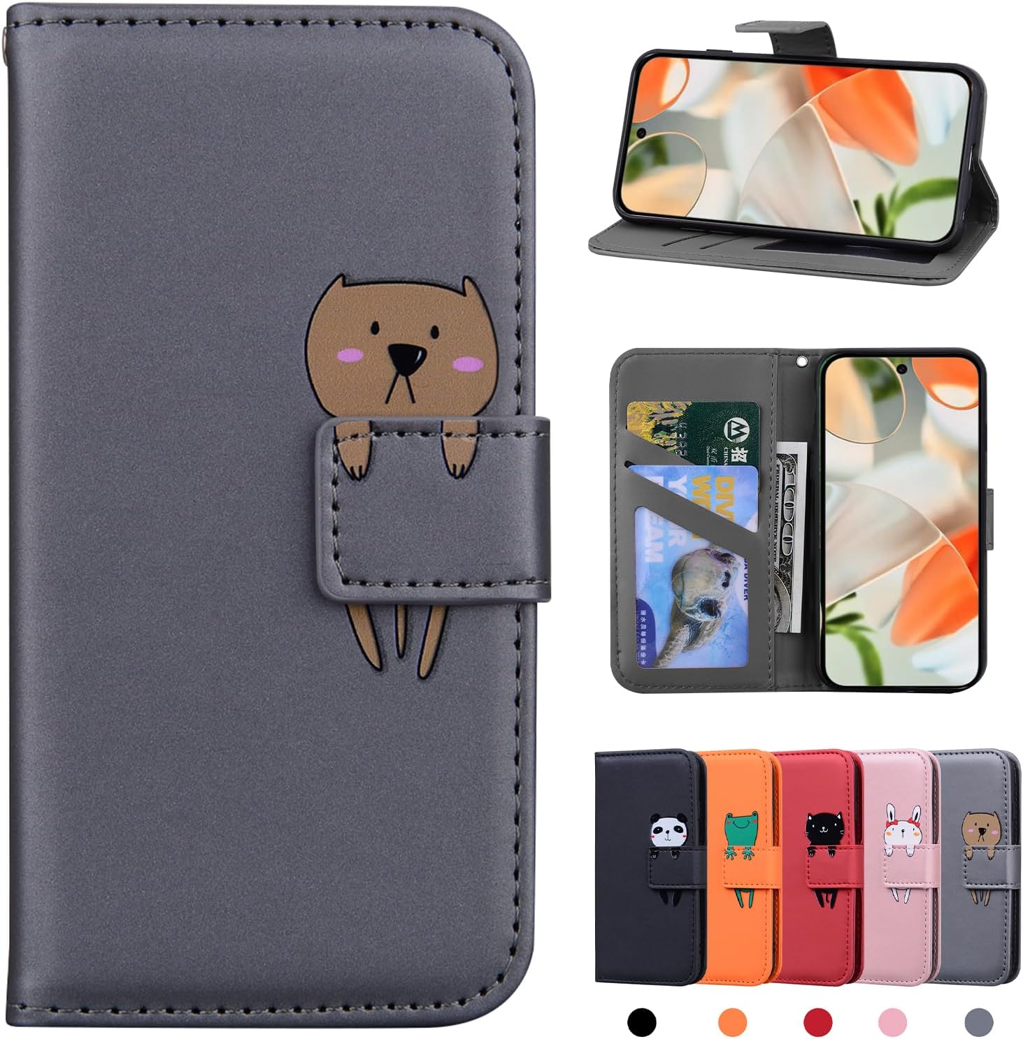 Google Pixel 9/Google Pixel 9 Pro 5G PU Leather Wallet Case with Card Slots for Google 8a Magnetic Cover Case Protective Case for Google Pixel 9 5G Bear Grey