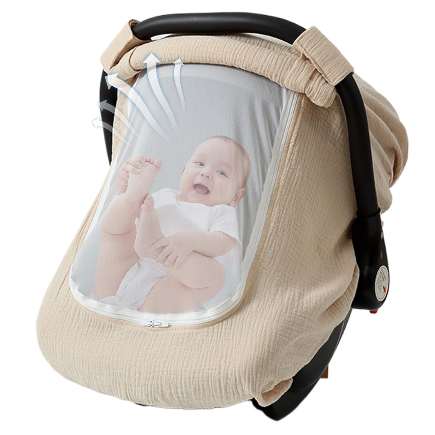 Infant Car Seat Cover 360° Protection Cotton Gauze with Dual-Layer Breathable Mesh Fabric Window Lightweight for Boys & Girls, Light Khaki