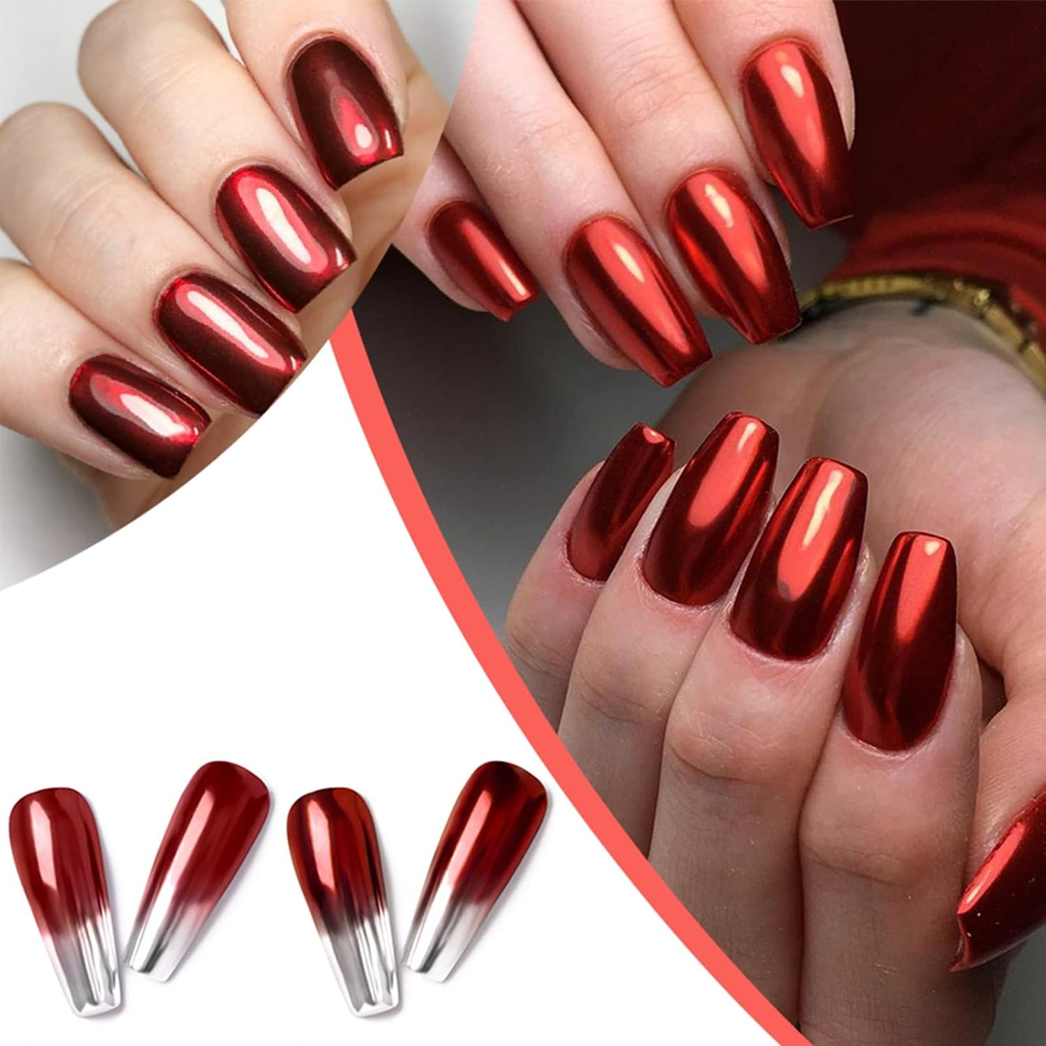 2 Boxes Red Chrome Nail Powder Metallic Mirror Effect Holographic Glitter Powder Reflective Pigment Dust for Manicure Decorations