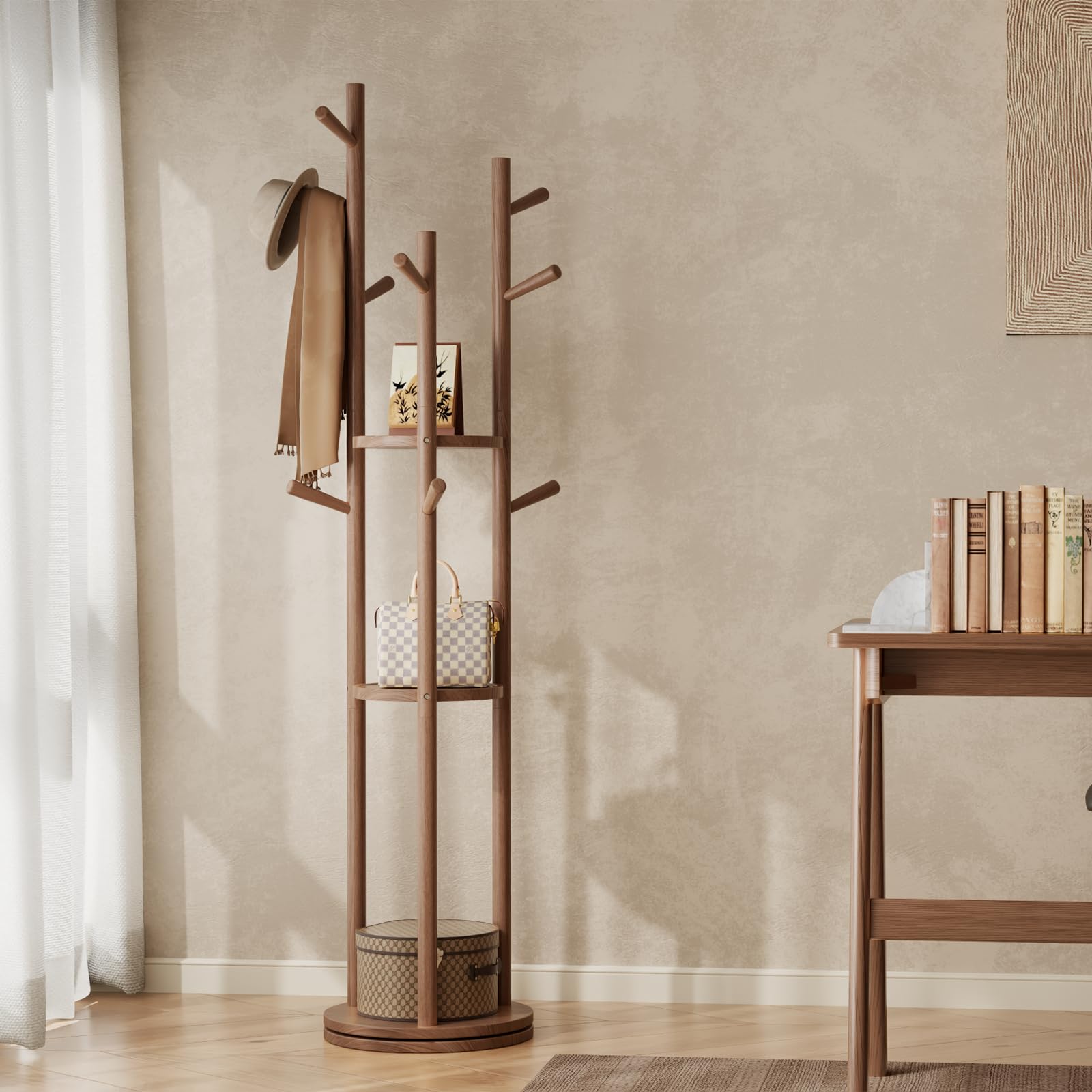 AQIMUELE Portemanteau Rotatif en Bois, Portant à Vêtement d’Entrée, Porte-Manteau sur Pieds pour Vêtements/Sacs/Chapeaux, pour Maison/Bureau/Entrée/Couloir, Noyer