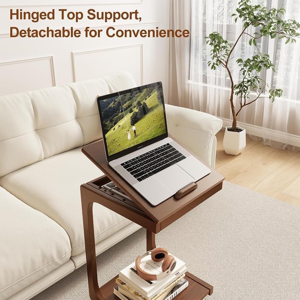 Mesa de TV ajustable en forma de C de madera maciza con ruedas, mesas auxiliares extraíbles para sofá, ideal para salas de estar, dormitorios y espacios estrechos