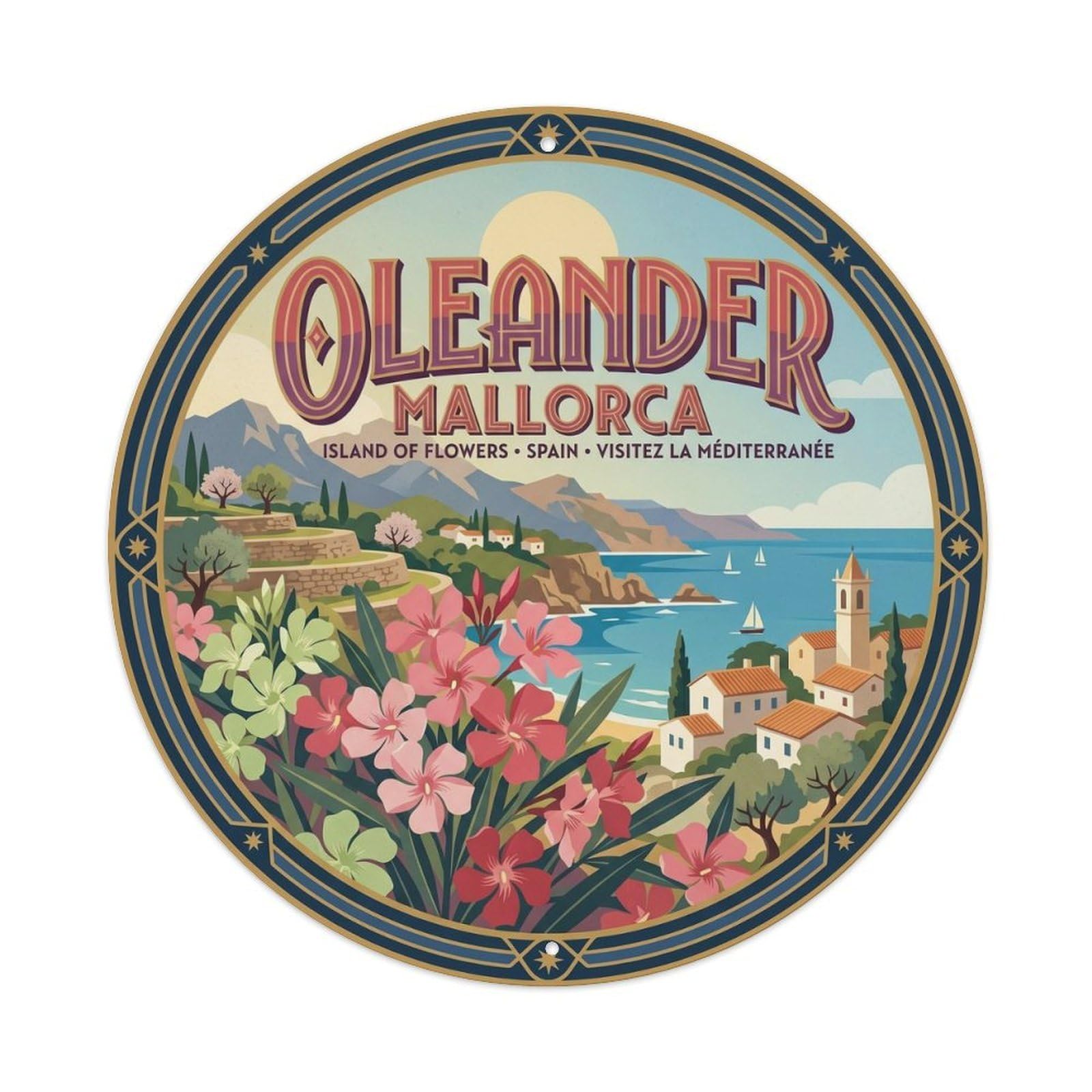 Mallorca Oleander Coastal Travel Island Culture Seaside Metal Tin Sign