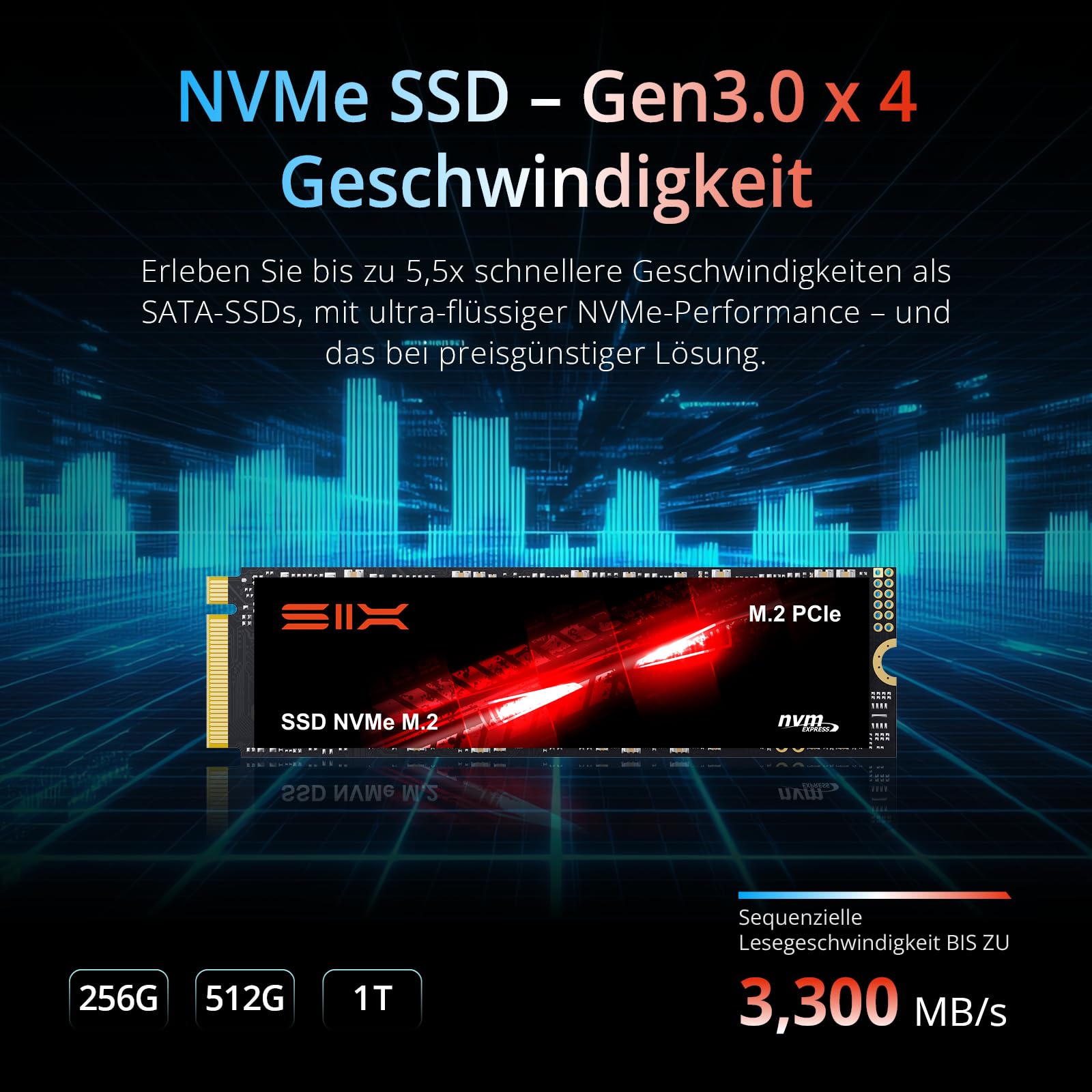 SIX X4000 PRO 256G M.2 SSD PCIe Gen3x4 NVME SSD Interne Solid-State-Laufwerk - bis zu 3.100MB/s Lesen, 1.200MB/s Schreiben