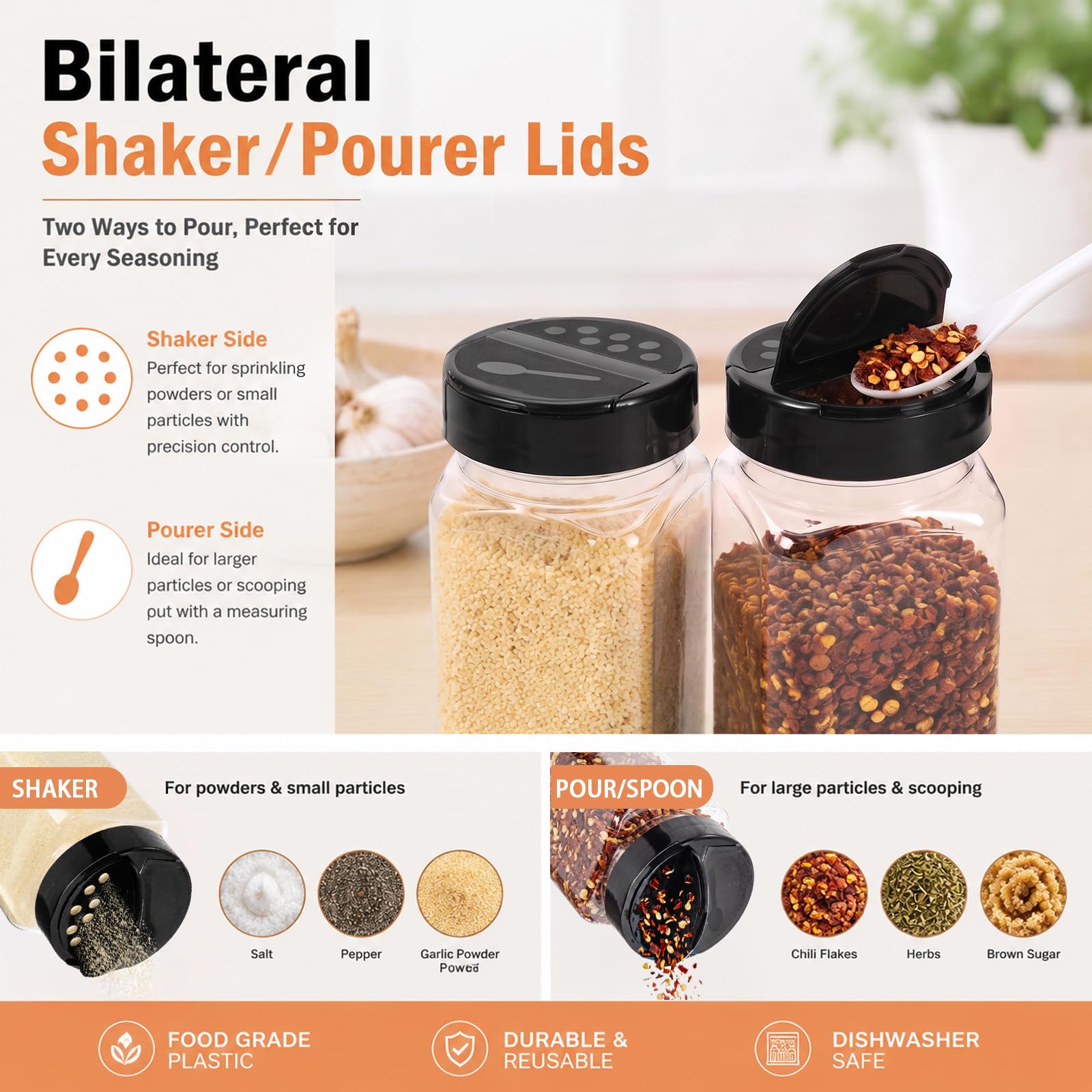 Hacaroa 16 Stück 600 ml Kunststoff Gewürzdosen mit Shaker/Pourer Deckel, quadratische leere Gewürzbehälter klare Gewürzflaschen für trockene Lebensmittel, Gewürze, Kräuter, Pulver