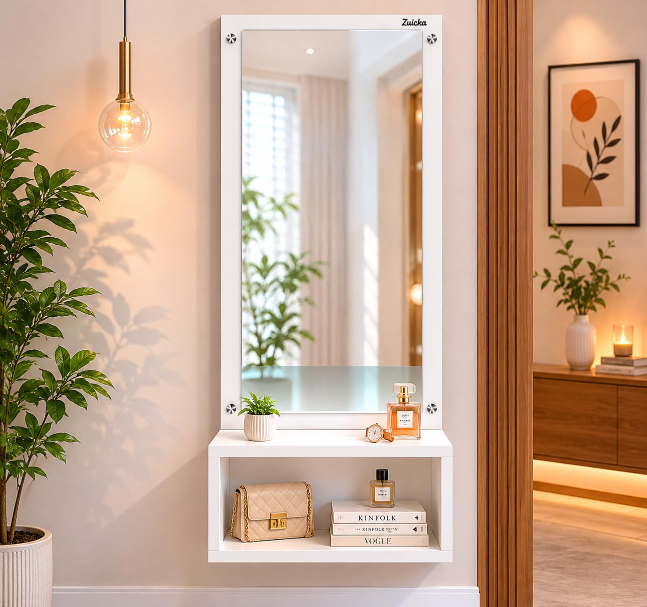 Wall Mounted Dressing Table with Mirror Finish Storage Shelf Compact Wall Vanity Makeup Organizer for Bedroom Bathroom Entryway Space Saving Home Furniture Decor (White 2)