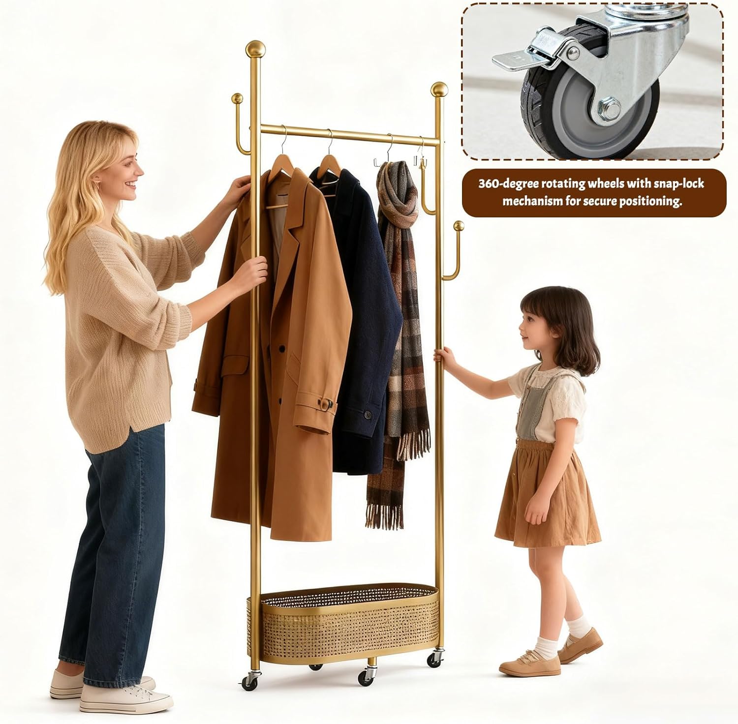 Coat Rack Freestanding Clothing Rack with Wheels & 1 Storage & 4 Hooks Heavy Duty Clothes Rack for Corner Bedroom Entryway Living Room Hotel (Gold)