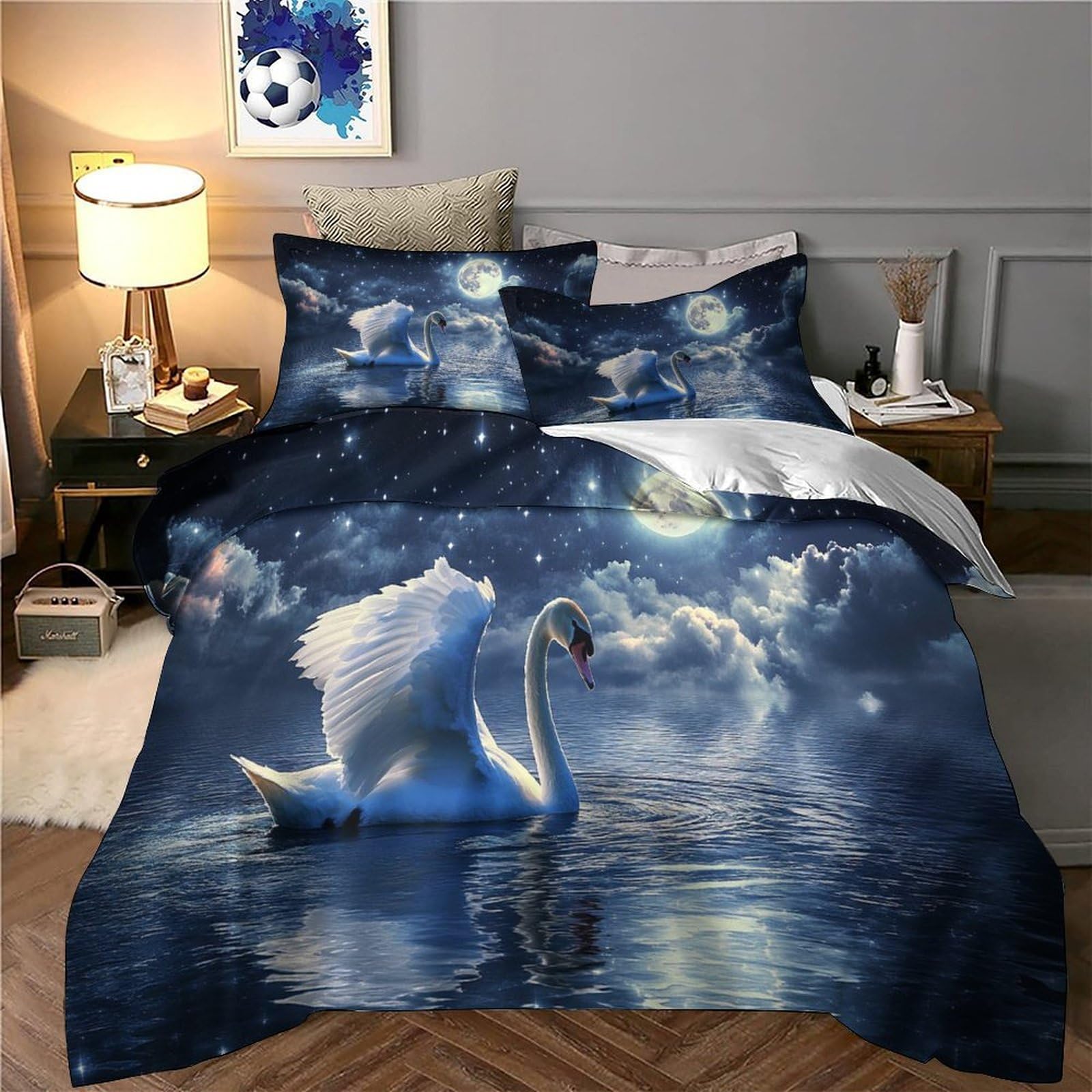 Chiaro di luna del cigno Impressione 3D 3 pz fodera per edredone Scena di fantasia notturna coperteletto microfibra morbida traspirante per ragazzi bambini adulti Super king（260x220cm）
