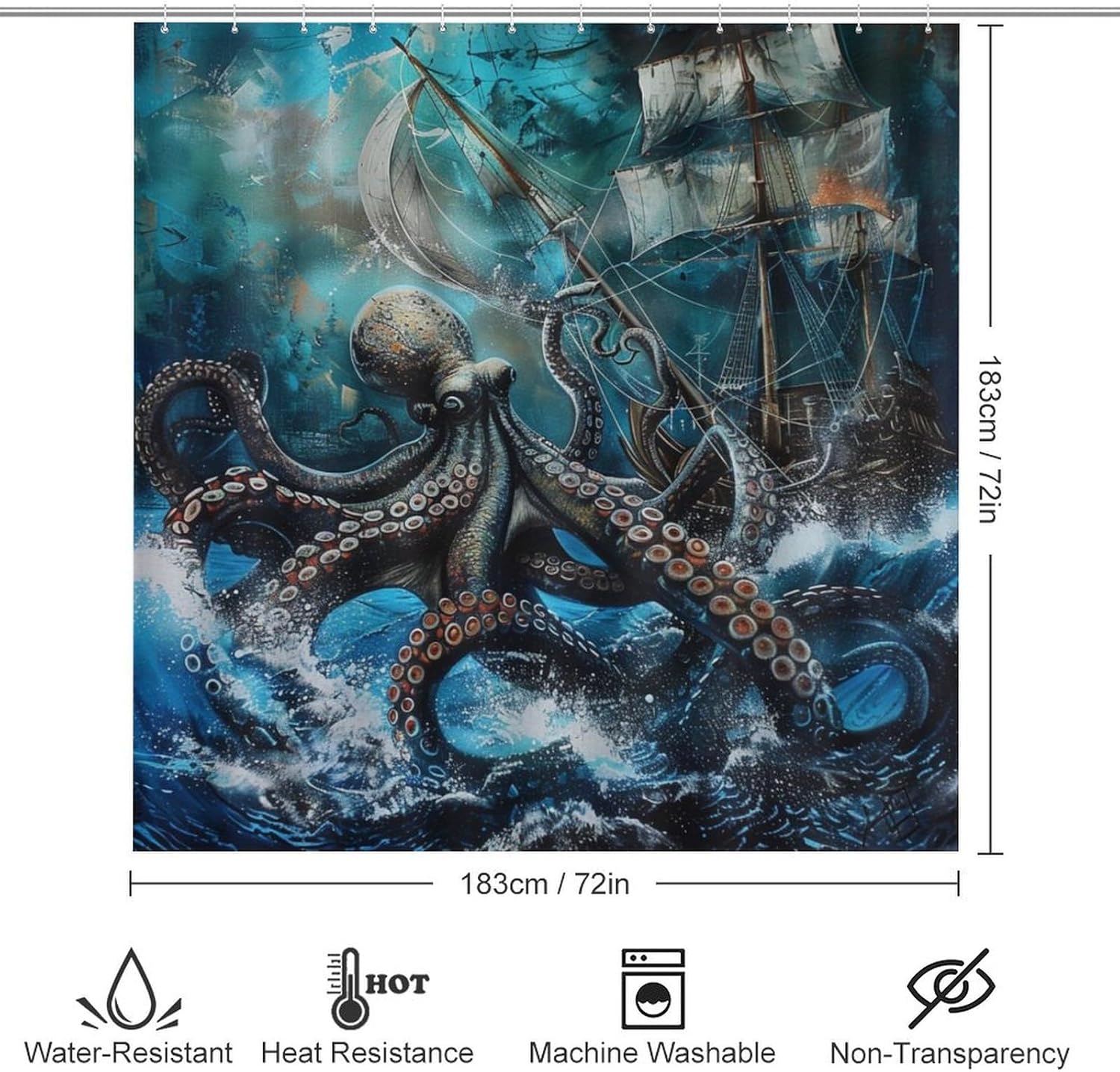 4Pcs Sea Ship Octopus Shower Curtain Set with Toilet Lid Cover Non-Slip Rugs for Bathroom, Blue Abstract Wave Watercolor Shower Curtain Bathroom Sets with Hooks, 72x72 Inch