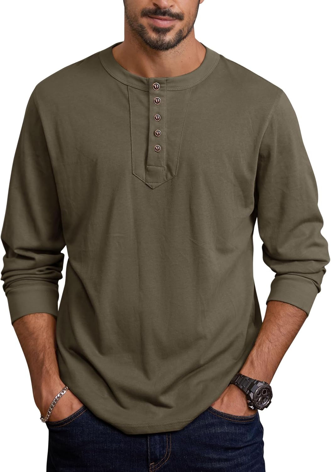 Mens Cotton Henley Shirts 5-Button Casual Fashion Long Sleeve Tshirts (S-XXL)