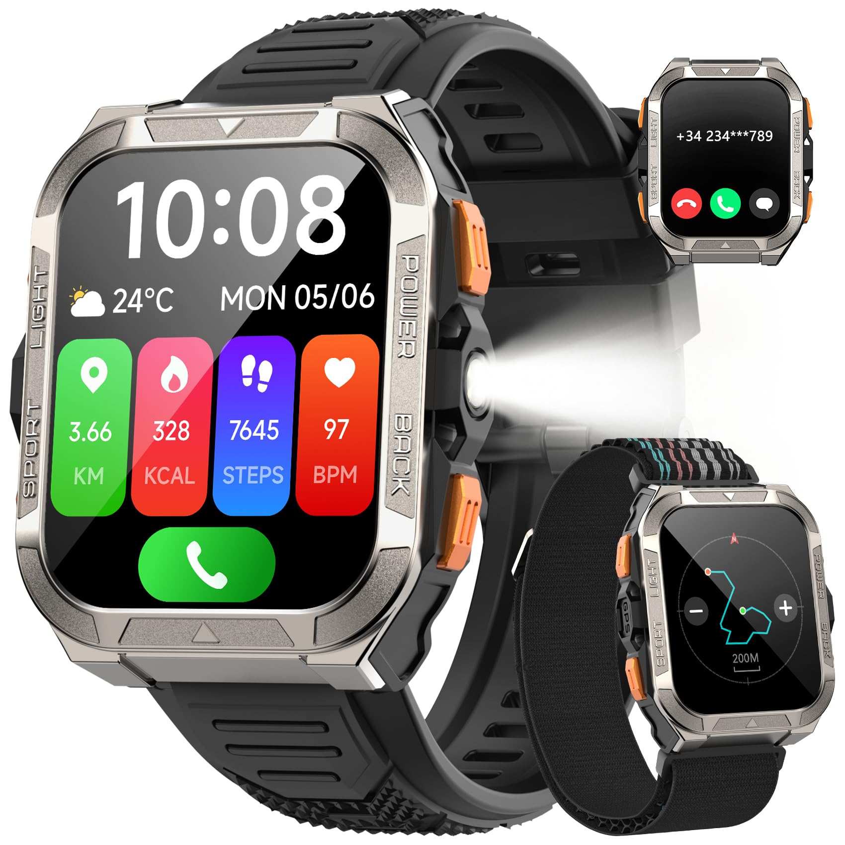IOWODO Militär-Smartwatch mit GPS & Taschenlampe| ChatGPT | 7 Tage Akku |Bluetooth Telefonie & 100+ Sportmodi | 900mAh/100 Tage Standby | Kompass & 2 Bänder | IP68 Wasserdicht | Für Android & iOS
