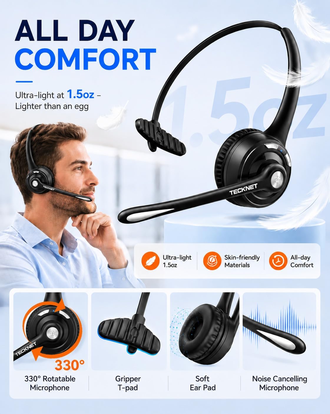 TECKNET Wireless Headset (USB Dongle), Bluetooth Headphones with Noise Cancelling Microphone for Trucker, Bluetooth V5.2 with Mute Button & Hands-Free Calling for Work