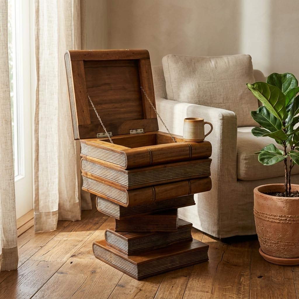 Kinaree Beistelltisch Massivholz im Bücherstapel Design – Handgefertigter Holztisch mit Stauraum – Asiatischer Nachttisch aus Teakholz (Braun Klappe) Küche, Haushalt & Wohnen
