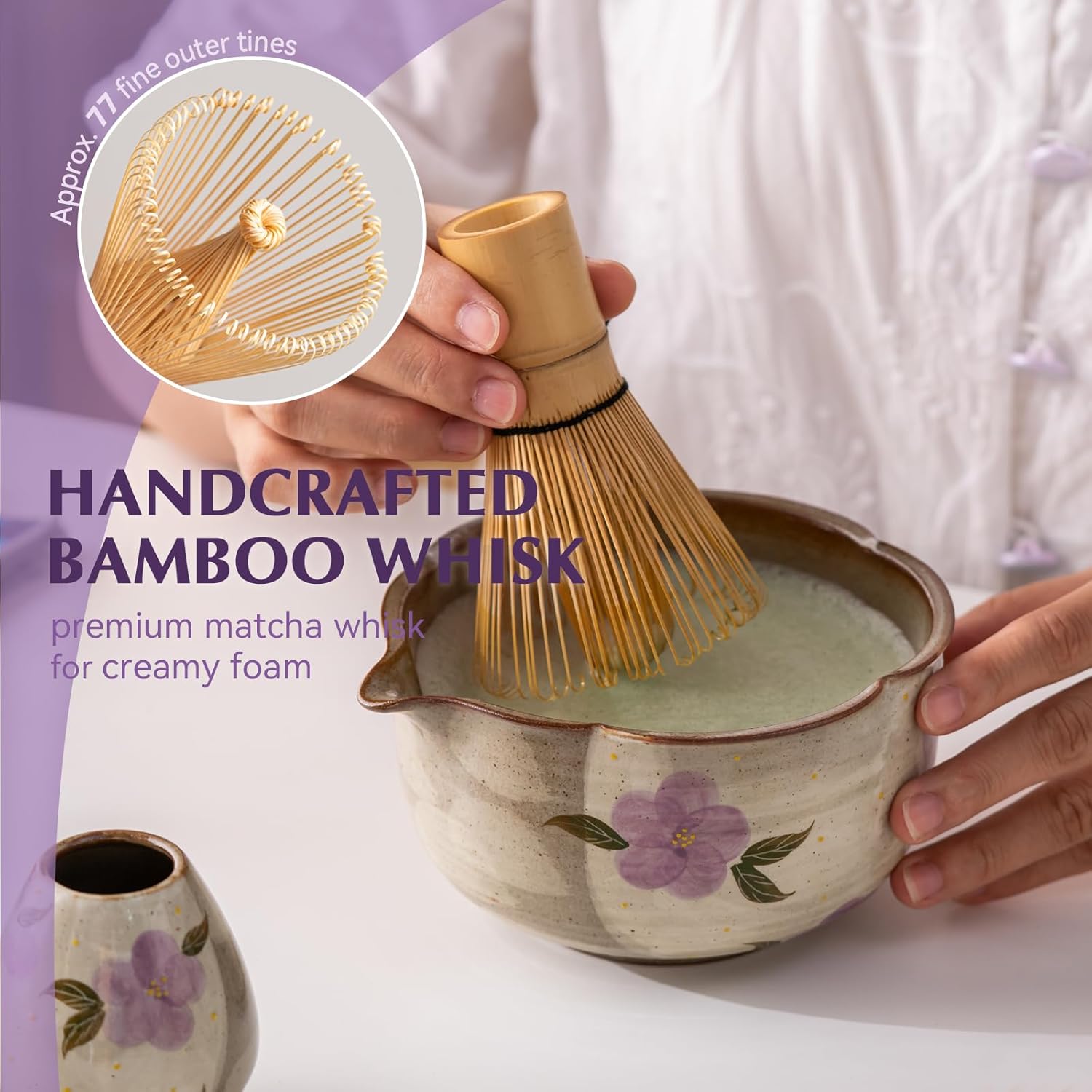 Matcha Whisk Set, 7Pcs Matcha Set with Hand-Painted Ceramic Matcha Bowl, Matcha Whisk and Holder, Scoop and Rest, Sifter, Tea Towel, Artisan Matcha Kit for Ceremony & Gifting (Purple)
