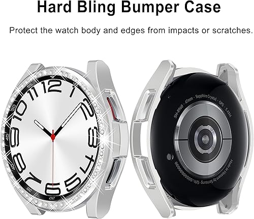 Miniatura 2 de Funda protectora de reloj 2 en 1 para Samsung Galaxy Watch 6 Classic de 1.850 in, cubierta de parachoques duradera de PC, anillo bisel de diamantes