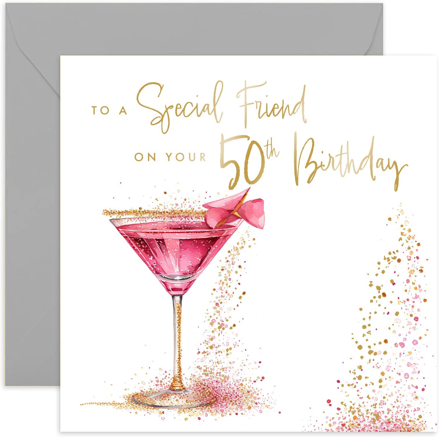 Old English Co. Special 50th Birthday Card for Female Friend - Best Friend 50th Birthday Card - Fabulous Pink Cocktail Gold Foil Glitter Design - Cute Sparkle Card for Her | Blank Inside Envelope