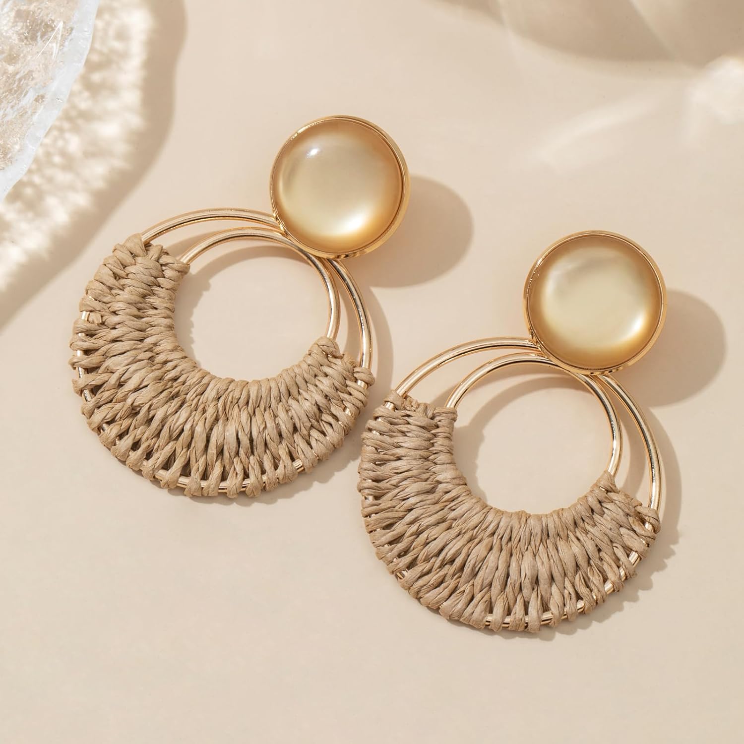 Boho Rattan Dangle Earrings for Women Trendy - Geometric Straw Raffia Earrings for Summer Beach Vacation - Image 4