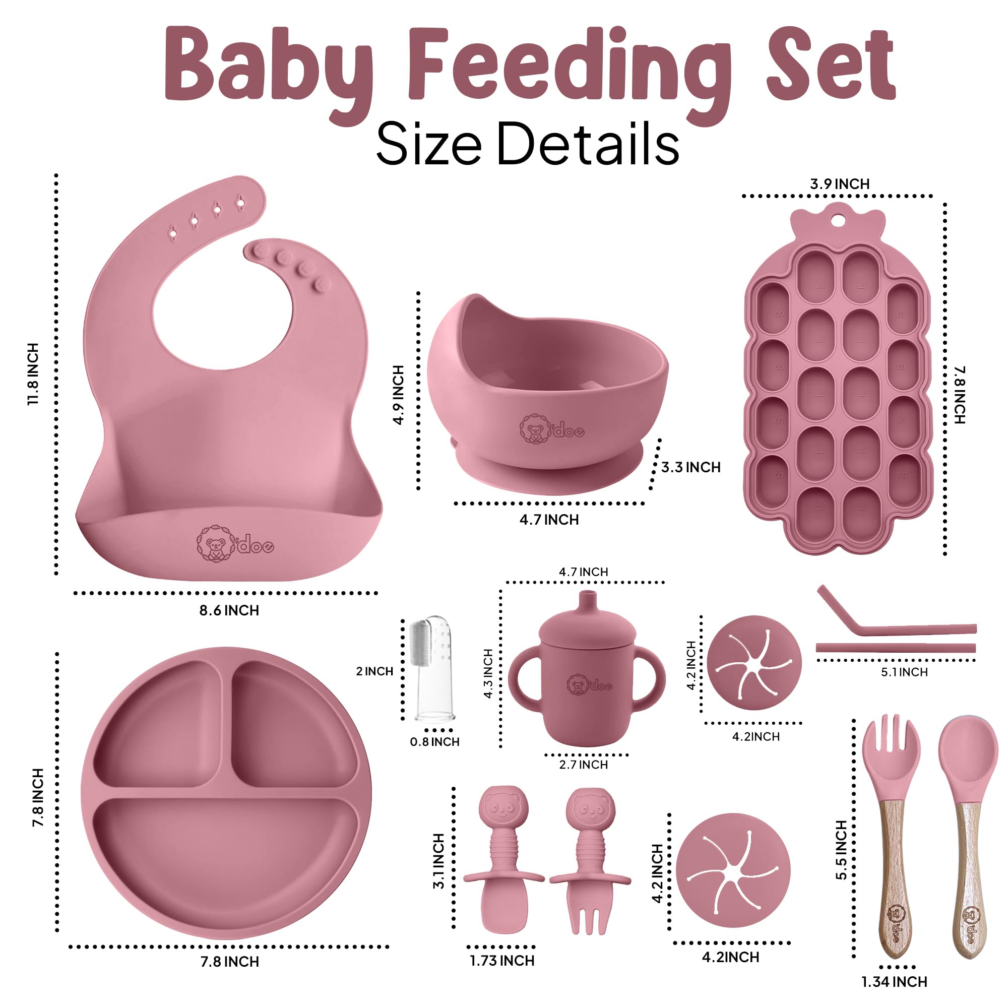 O'doe Set di 15 pezzi per lo svezzamento a LED per bambini, set per l'alimentazione del bambino, ciotola in silicone con aspirazione, utensili per mangiare da soli con cucchiai, tazza, bavaglini