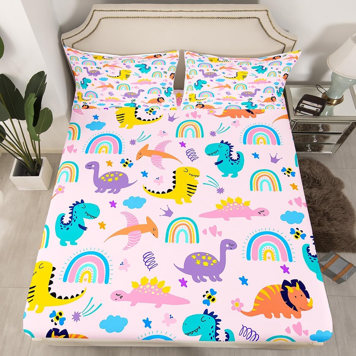 Feelyou Girls Pink Dinosaur Toddler Bedding Set Full Size Purple Green Dinosaurs Sheets Set Cute Cartoon Dino Rainbow Fitted Sheet Kids Room Decor Reversible Stars Bed Sheets for All Seasons