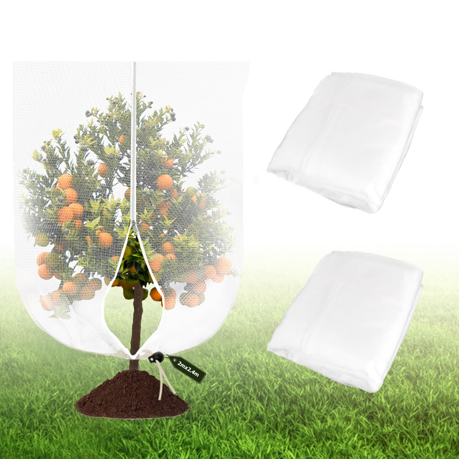 2 Pezzi Rete Protezione Alberi da Frutto 2 x 2,4m con Cerniera e Coulisse, Rete Anti Insetti per Giardino, Piante, Fiori, Verdura, Protezione da Uccelli, Rete da Giardino per Alberi da Frutto