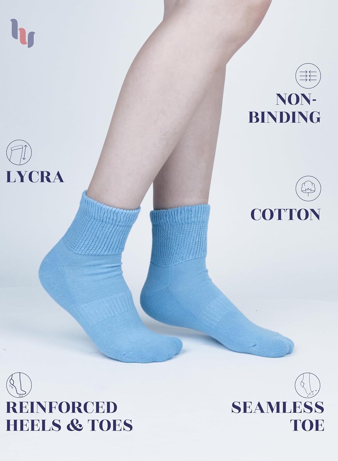 Hugh Ugoli Women's Cotton Diabetic Ankle Socks, Wide, Loose, Stretchy, Seamless Toe, Non Binding Top Semi Cushion, 3-6 Pairs - Image 5