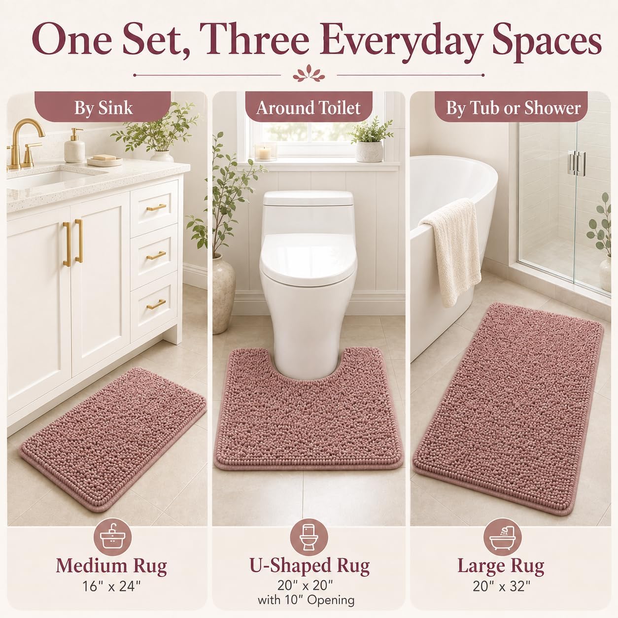 Chenille Bathroom Rugs Set 3 Piece Bath Mats for Bathoom Non-Slip Luxury Bathroom Rug Extra Soft and Absorbent Shaggy Rugs Washable Dry Plush Area Carpet image 4