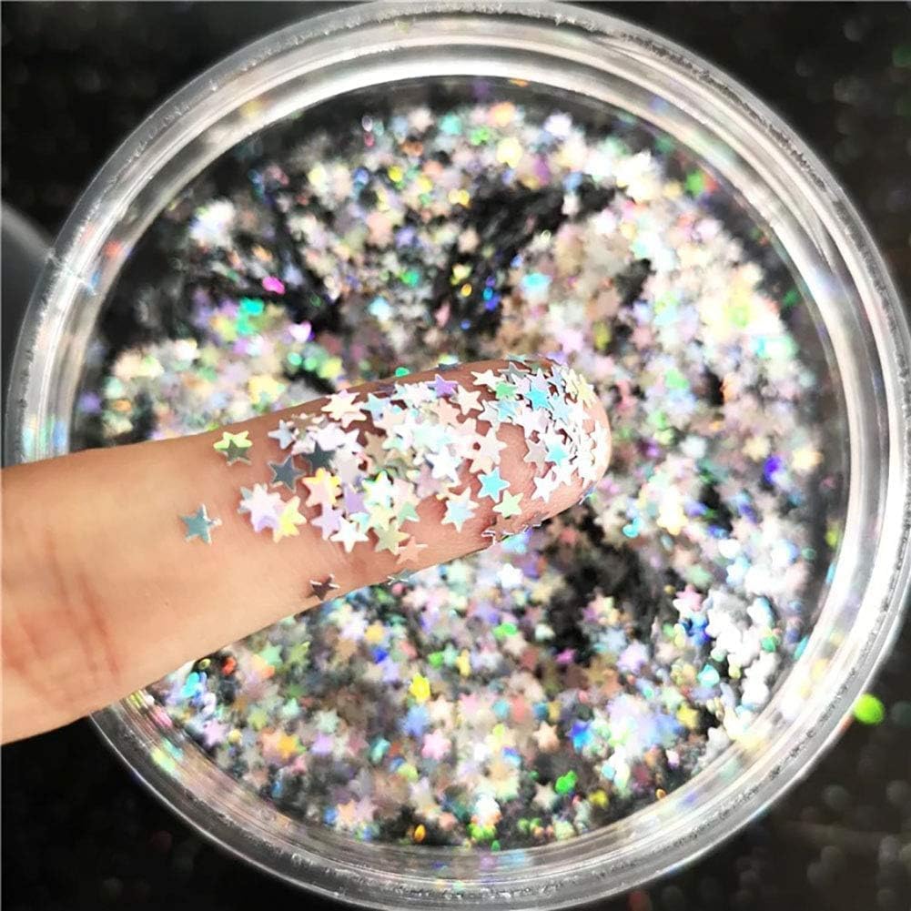 Holographic Silver Tiny Stars Glitter Confetti 3mm Stars Confetti Laser Sequins Craft Glitter for Party Decoration, DIY Crafts, Premium Nail Art, Body Art Eye Bling - 10g