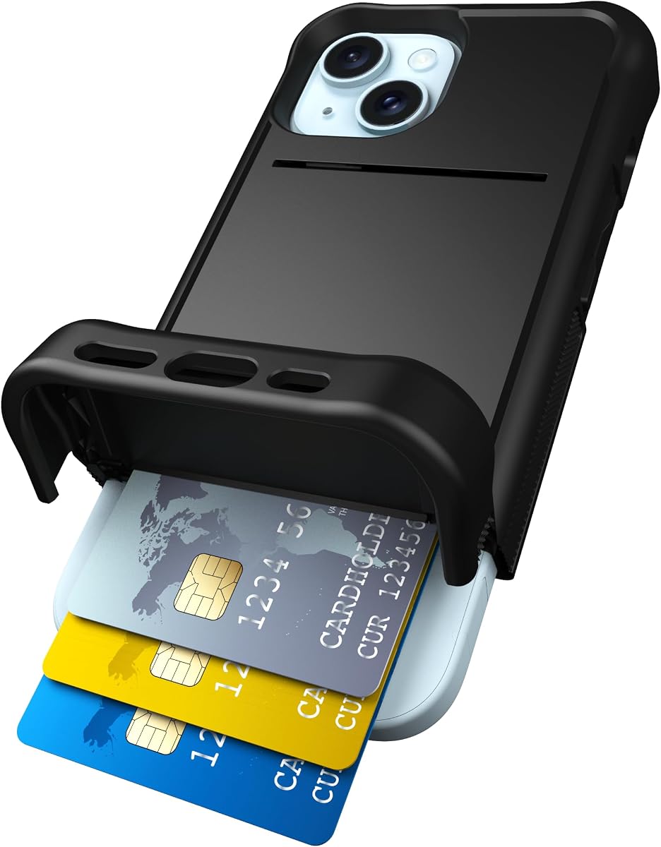 Scooch for iPhone 15 Case with Card Holder, Wingmate Wallet Case with Hidden Card Slot and RFID Protection for up to 4 Cards, 10-Foot Drop Protection, Black