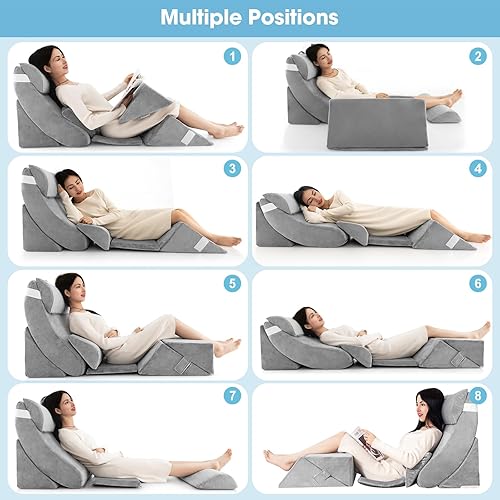 Miniatura 4 de Giantex Juego de 7 almohadas ortopédicas de cuña para cama, almohadas corporales de espuma viscoelástica ajustables con funda lavable, cojines