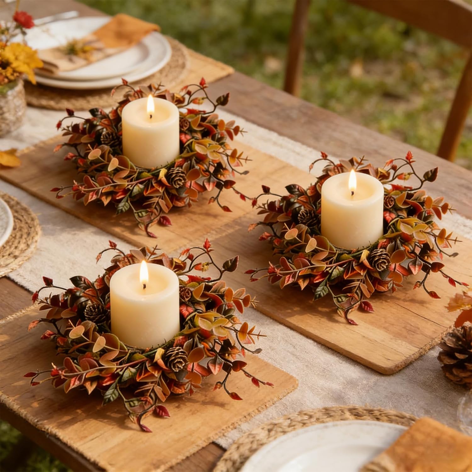 8 Pcs Mini Fall Candle Ring Wreaths Autumn Pinecones Mixed Foliage Artificial Pillar Candle Holder Wreath for Farmhouse Thanksgiving Harvest Porch Front Door Cabinets Table Decoration image 3