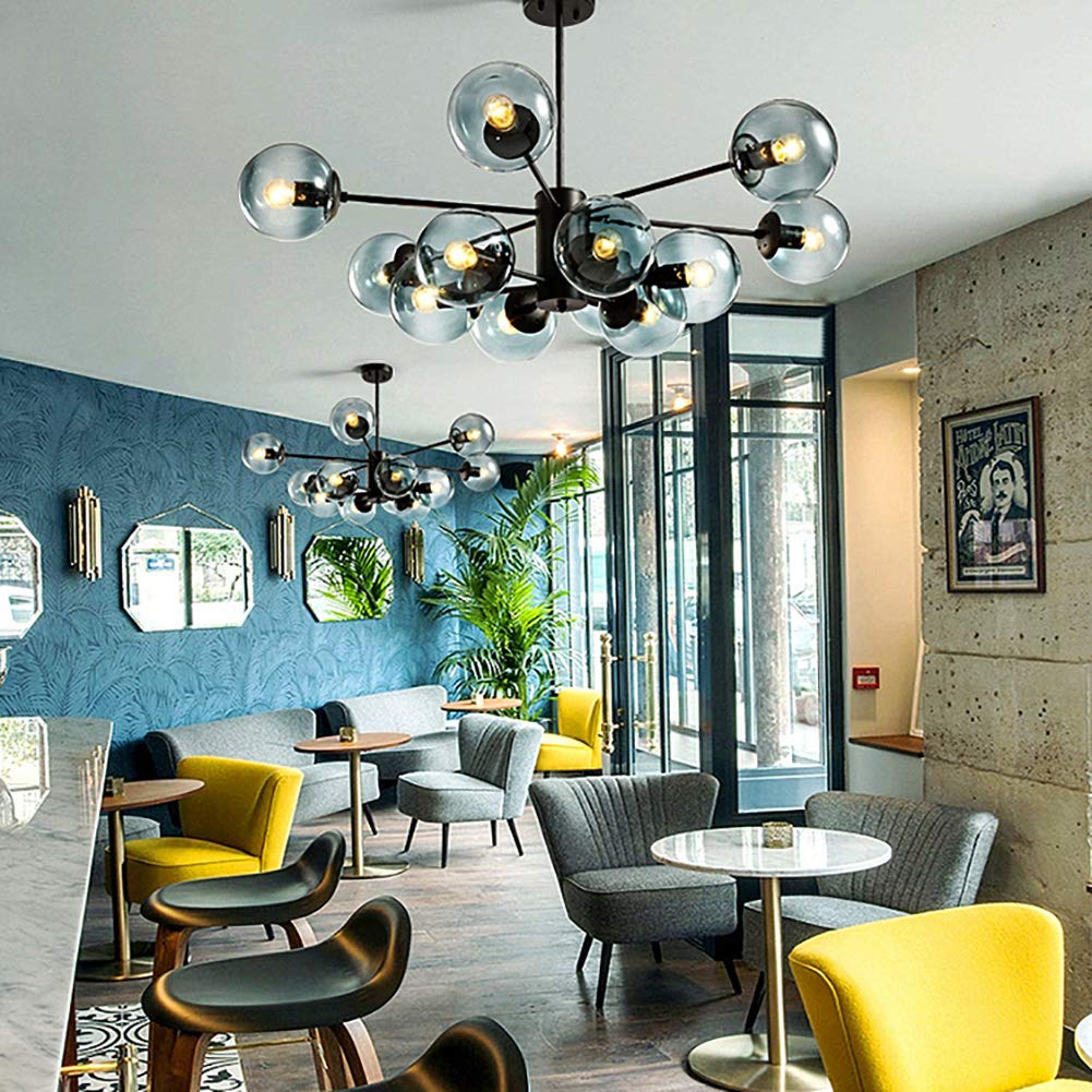 Lámpara Moderna Negra Ajustable, Magic Bean para restaurante, cafetería, pantalla de vidrio Artificial E27, pantalla Azul de 16 Luces.