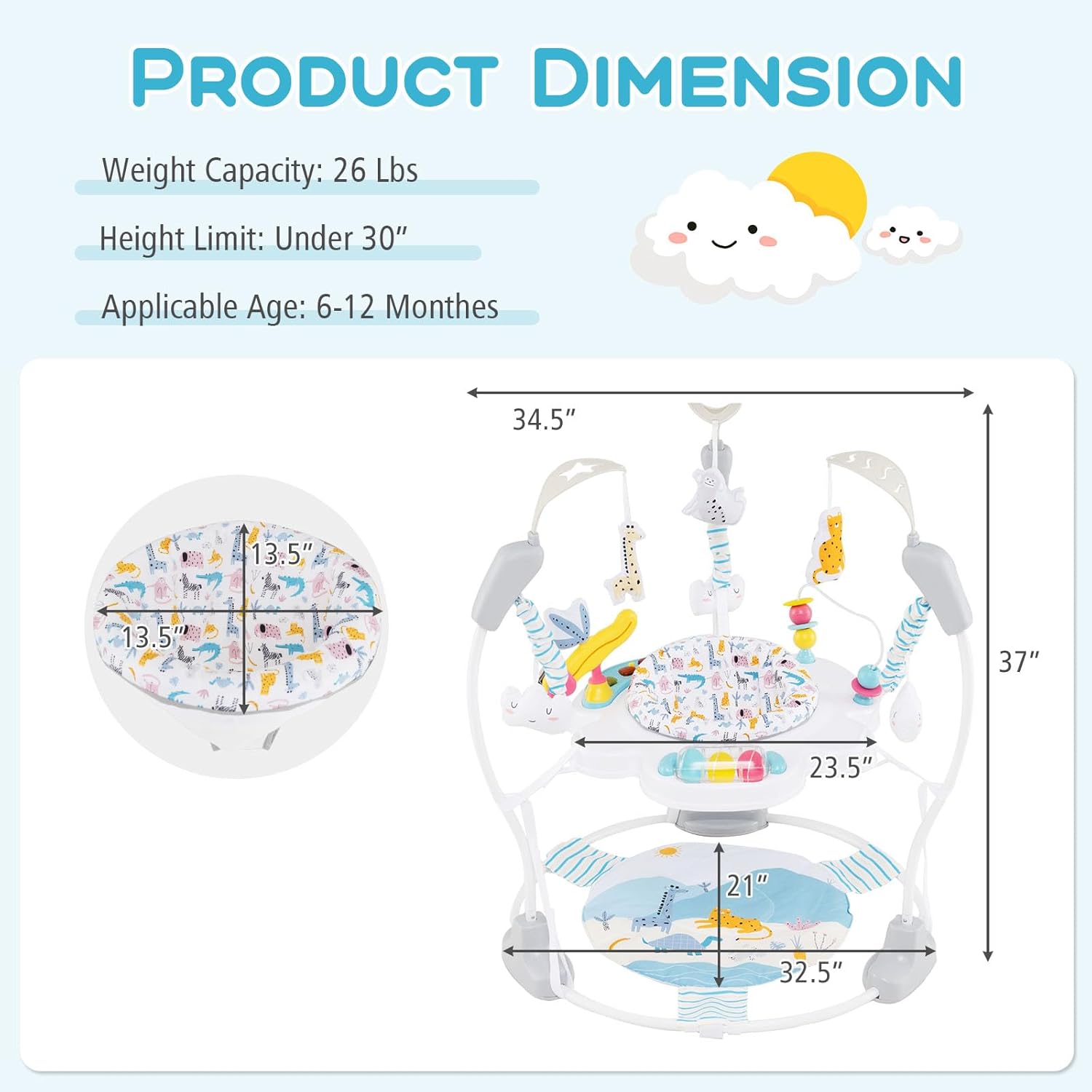 Diagram illustrating the product dimensions and weight capacity of the activity center.