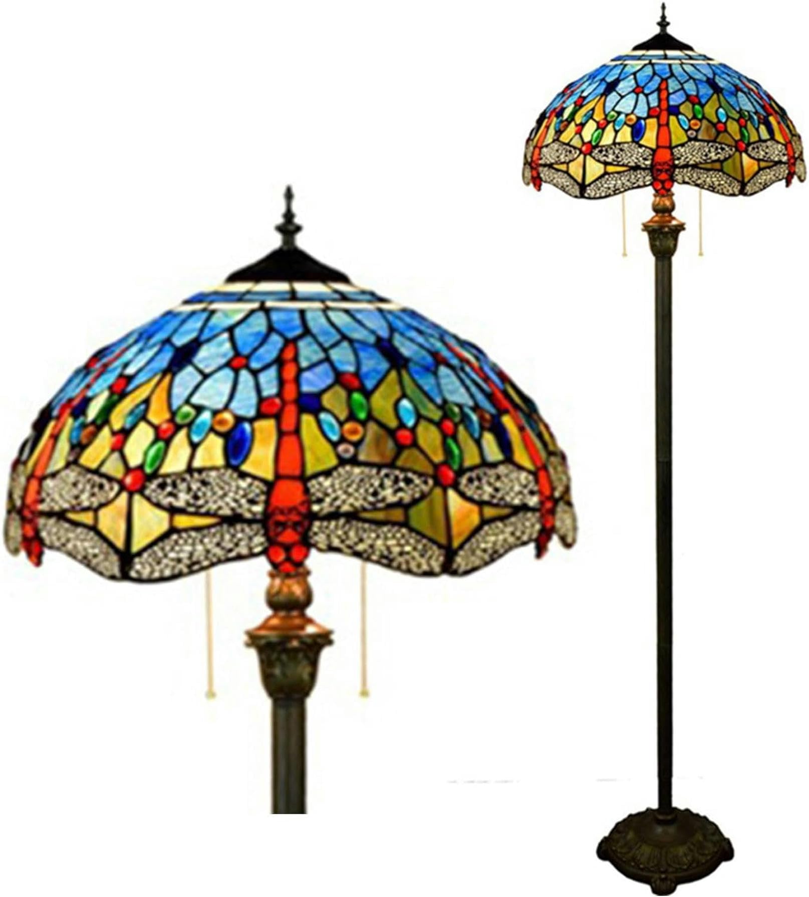 Tiffany Floor Lamp Stained Glass Standing Reading Light 16X16X64 Inch Traditional Art Nouveau Style Rose Tulip Wisteria Dragonfly Cherry Blossom Lamp Antique Pole Corner Lamp,Wisteria (Dragonfly )