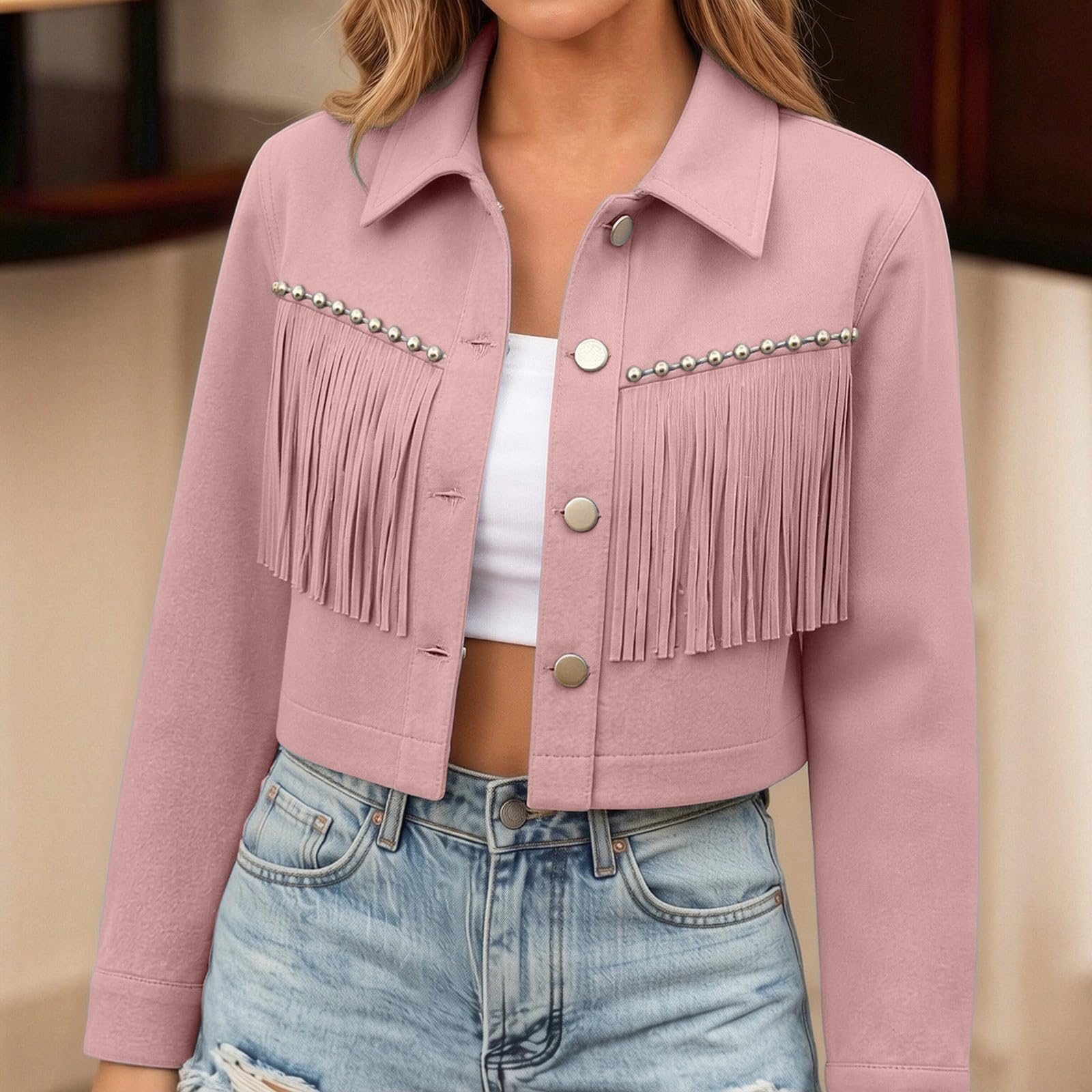 Veste en cuir synthétique pour femme à manches longues avec pompon, hippie, veste demi-saison, cowgirl, cowboy, costume de carnaval, manteau de moto, veste d'automne, tenue de festival de la