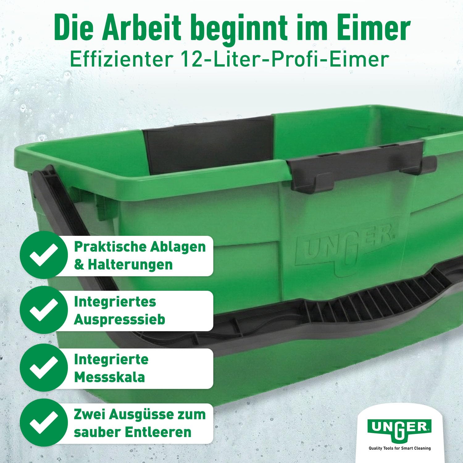 UNGER PRO Fensterreiniger 5in1 Complete Set, Fensterwischer, Fensterabzieher, 12 l Profi-Eimer, Sicherheitsschaber, MicroWipe Lite Mikrofasertuch, Komplettausstattung für streifenfreie Glasreinigung