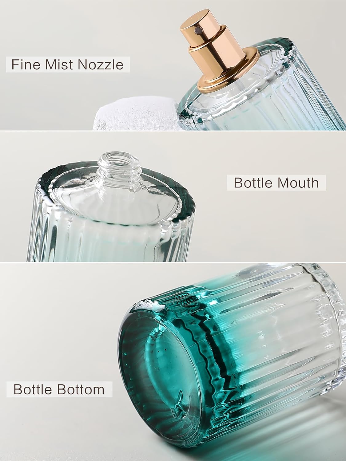 50ml/1.7 Oz Glass Spray Bottle Perfume Atomizer,Empty Round Glass Perfume Travel Refillable Spray Bottle with 3 Kinds of Dispenser (Green, 50ml)