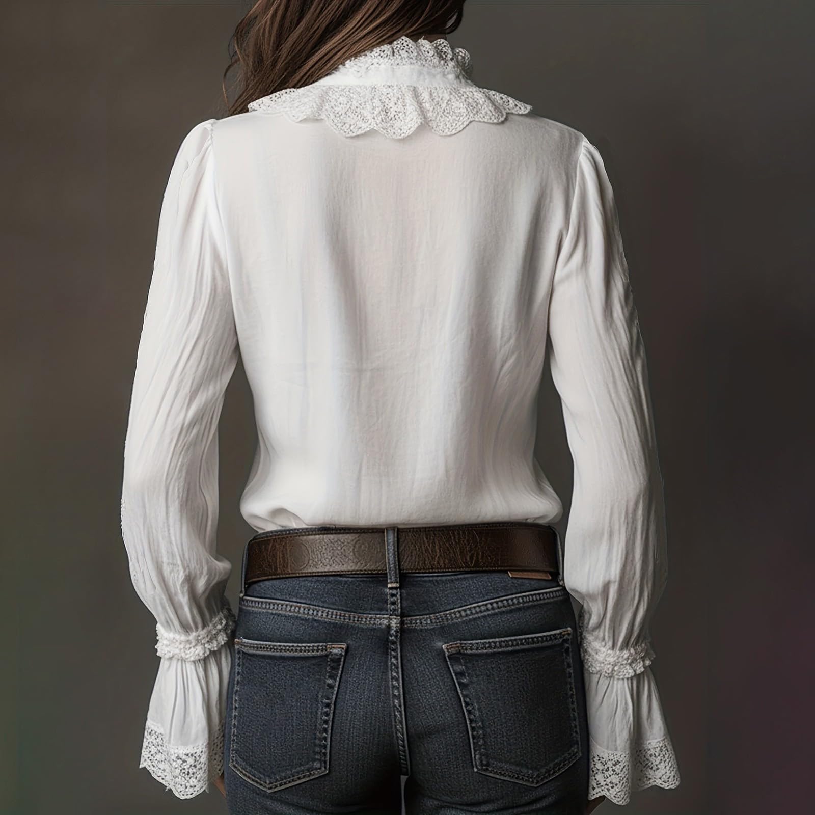 T-shirt blanc élégant en dentelle pour femme - T-shirt en coton à manches longues élégante avec col en V et dentelle - Modèle avec inserts