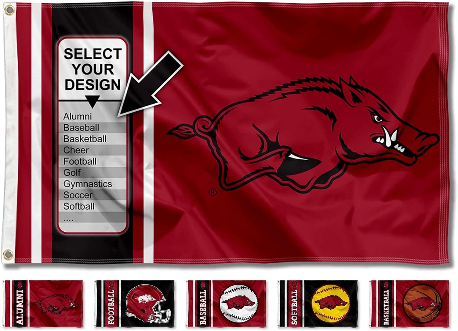 Arkansas Razorbacks Multi-Sport 3x5 Flag - Alumni, Volleyball, Gymnastics, Softball, Soccer, Baseball, Basketball, Golf, Tennis, Swimming, Track, Cross Country, Football