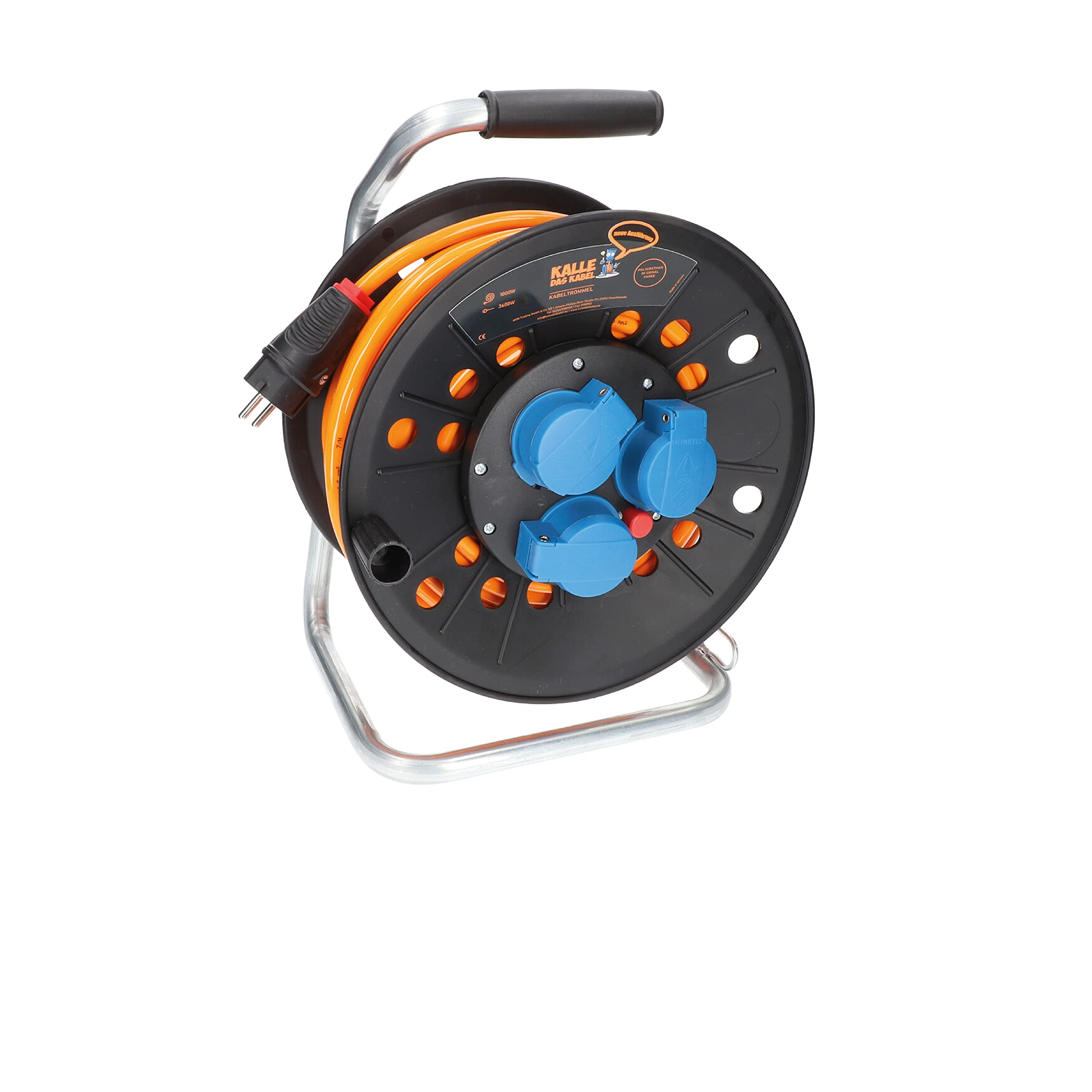 KALLE DAS KABEL Kabeltrommel EXTREME SIGNAL mit 3 Schukosteckdosen H07BQ-F 3G 2,5mm² 25 Meter für Handwerker Heimwerker Baustellen und dem Einsatz im Außenbereich