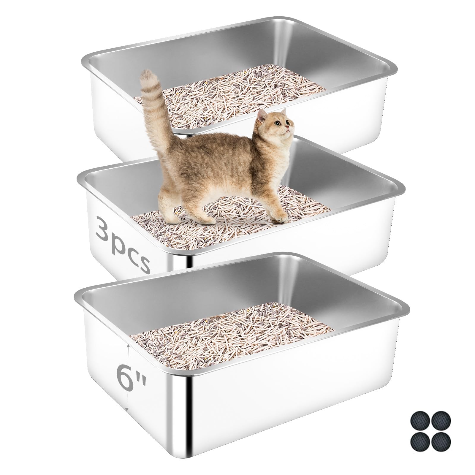 Stainless Steel Cat Litter Box, 3 Pack 19.7"x13.8"x5.9" Metal High Sided Litter Pan, Extra Large Stainless Steel Box, Splash-Proof and Non-Stick Cat Poop Box odorless