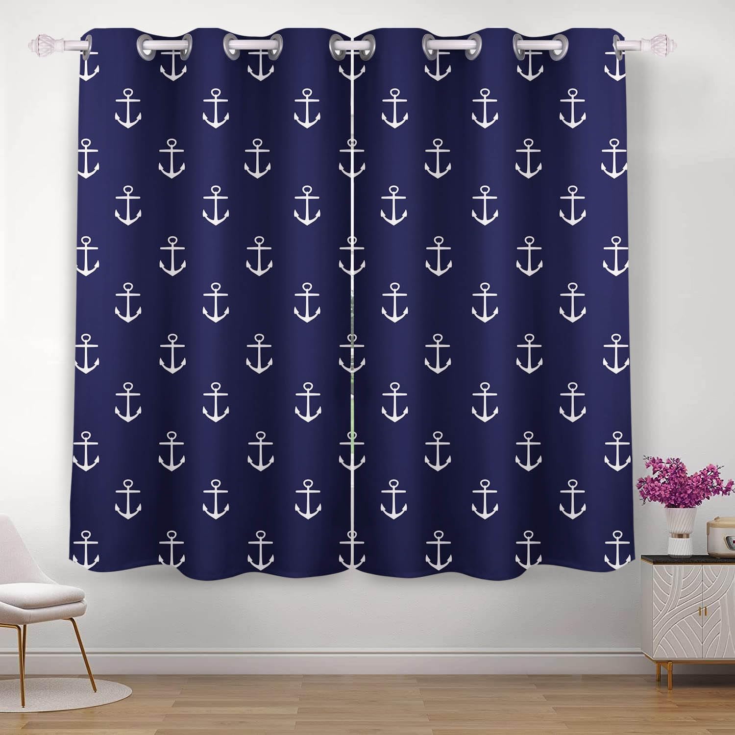 Curtains 42 x 72 inch Blackout Curtains Top Grommet Darkening Window Curtains (2 Panel) for Room Nautical Anchor Navy