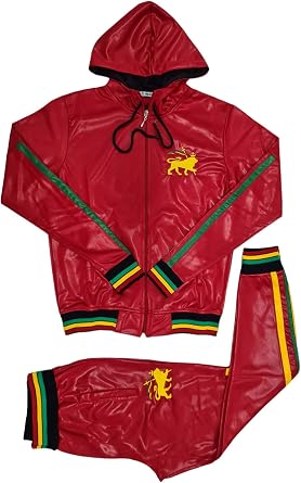 Time Is Money Mens Urban Designer Rasta Lion Shiny Tracksuit, Red, Green, Yellow