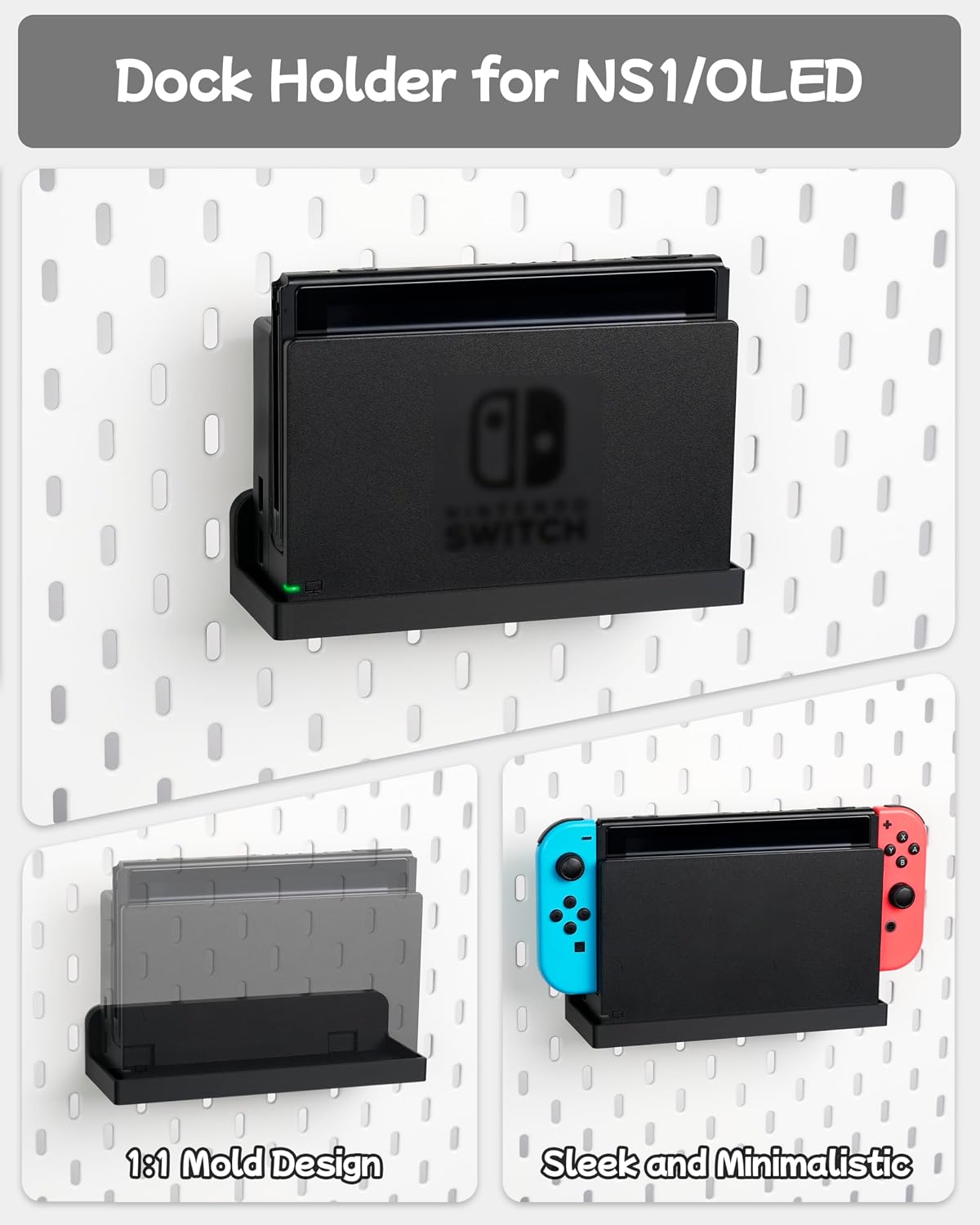 Pegboard Storage Set Compatible with Switch | 4PCS | Black | for NS1, Switch PRO controller and Console Dock, Joycon Holder Compatible with SKADIS Pegboard
